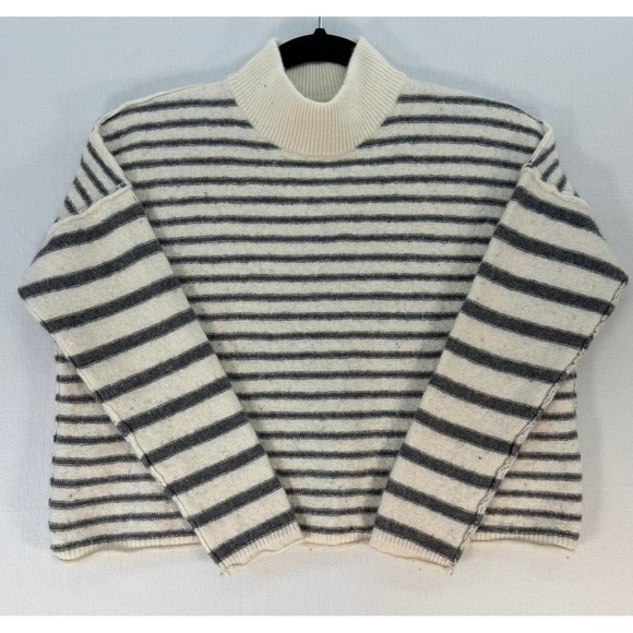 Madewell Sweaters - Madewell Striped Mockneck Merino Wool Blend Sweater Cream Charcoal Grey Womens M